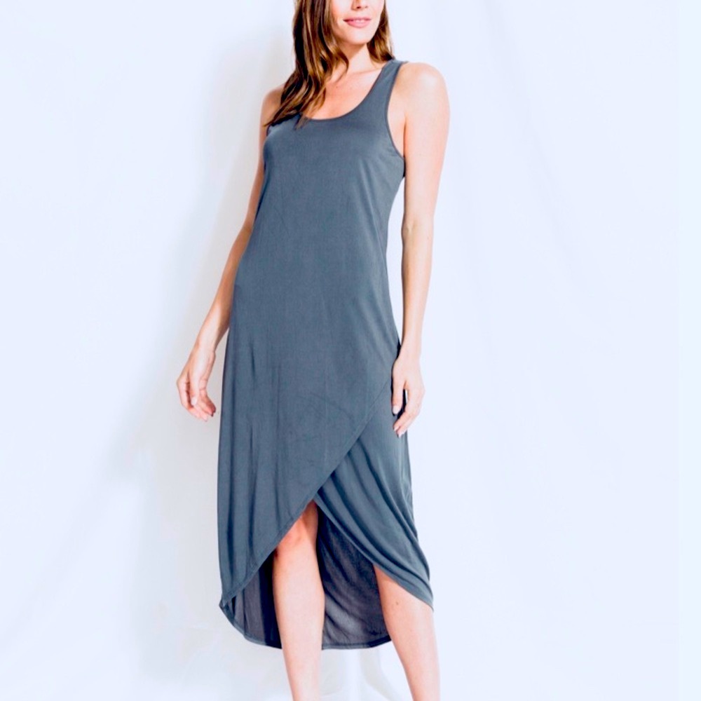 MYSTREE | Sleeveless Scoopneck Midi Dress Dusty Blue, Stretch Knit Modal, NWT